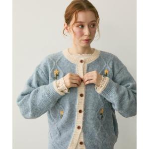 カーディガン バイカラーフラワーニットカーディガン レディース