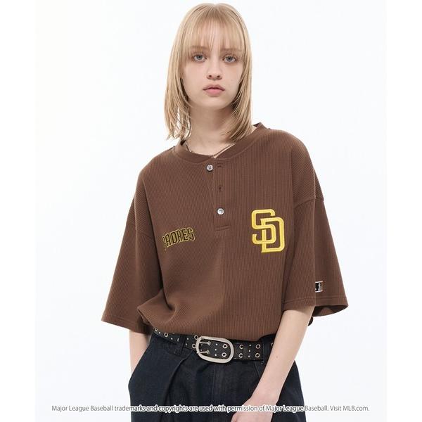 ヘンリーネック tシャツ MLB/メジャーリーグベースボール 別注 ロゴ刺繍 ワッフル ヘンリーネッ...