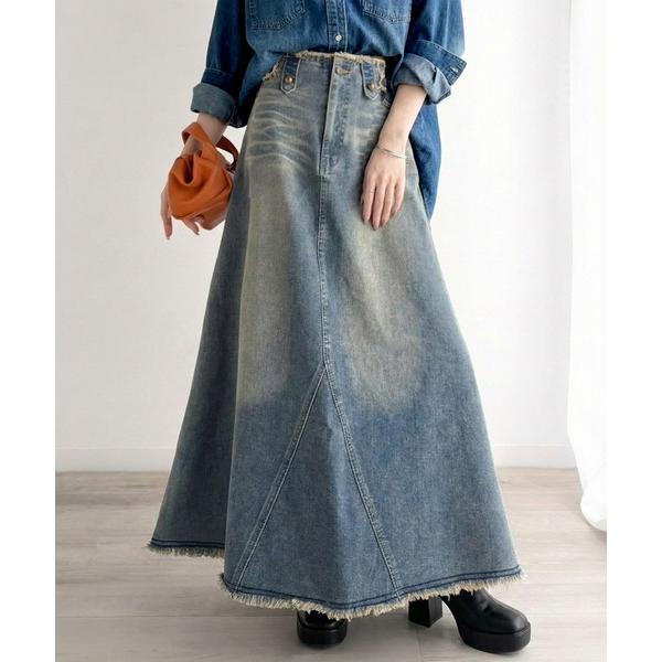 デニムスカート 「JaVaジャバコラボ」贅沢フリンジに一目惚れ。ヴィンテージライクデニムフリンジロン...