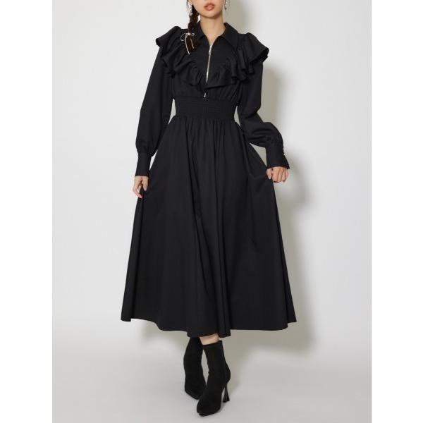 シャツワンピース フロントジップフリルシャツワンピース 冬服 春服