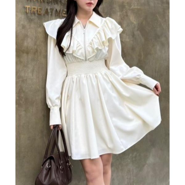 シャツワンピース フロントジップフリルミニシャツワンピース 冬服 春服