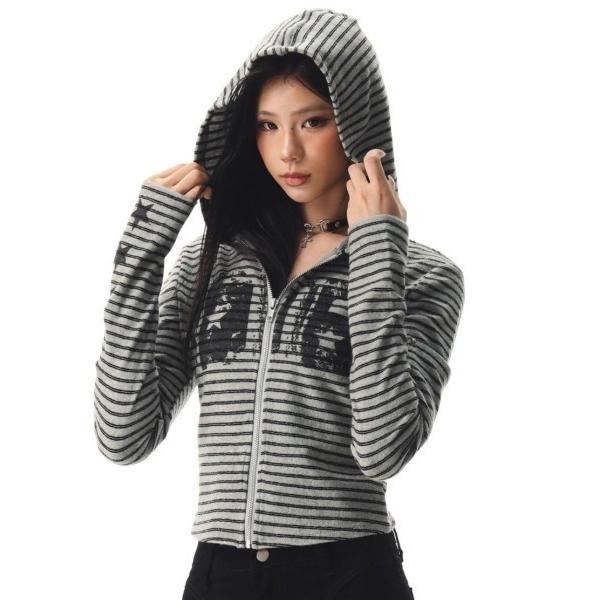 パーカー 「春夏新作」かすれプリントボーダージップパーカー レディース