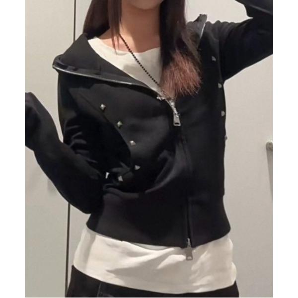 パーカー 「春夏新作」スクエアスタッズ付きジップパーカー レディース