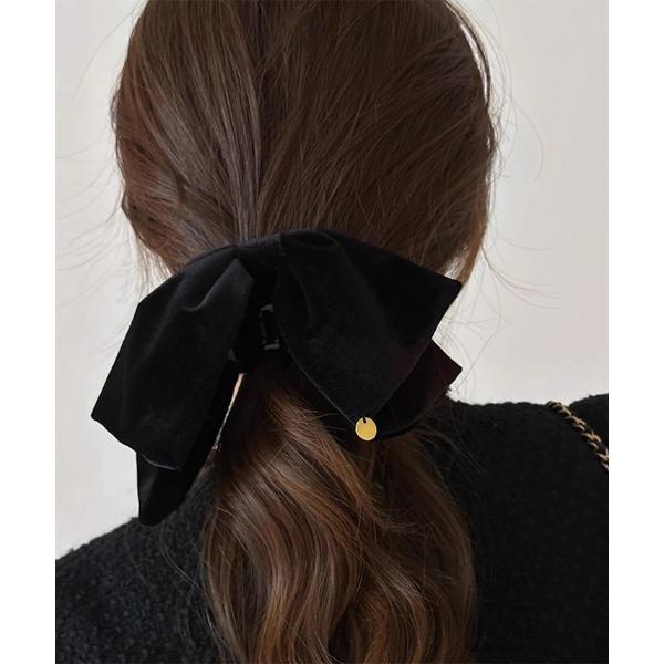 ヘアクリップ チャーム付き リボン ベロア バンスクリップ