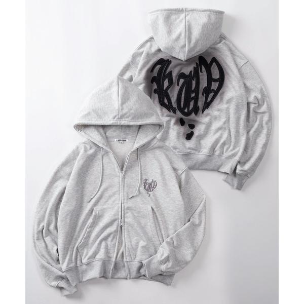 パーカー 「82」スプレーハートロゴ ショート丈 ジップパーカー/ワンポイント刺繍/裏毛/ダブルジッ...