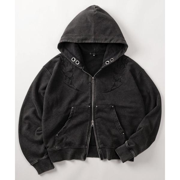 パーカー 「82」ケミカル加工 トライバル刺繍 ショート丈 ジップパーカー/裏毛/ダブルジップ/メン...