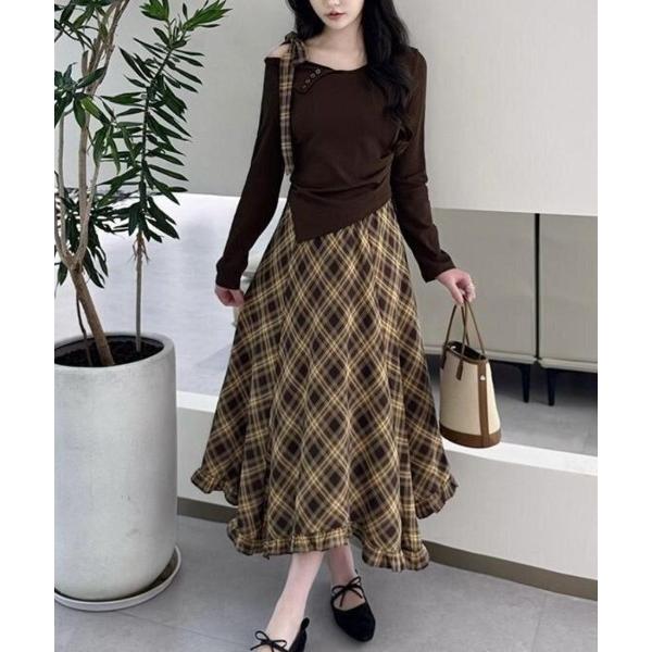 セットアップ 一枚で完成「上下セット」アシメトップス＆チェック柄ロングドレープスカート レディース
