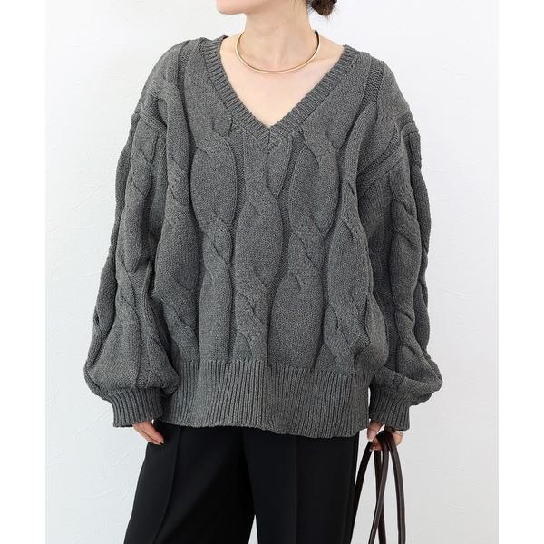 ニット セーター バルキーケーブルVネックニットプルオーバー レディース