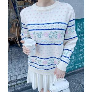 ニット セーター ビンテージ風フラワーニット レディース