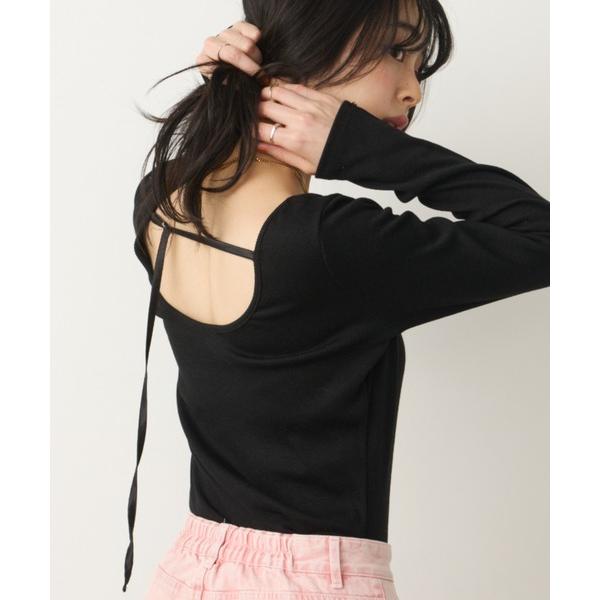 tシャツ カップ付きバックオープンリブtee レディース