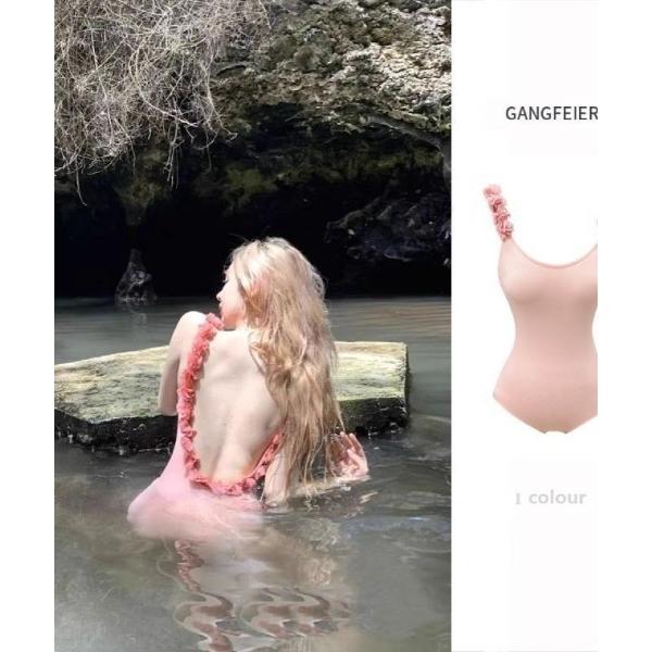 水着 両肩花柄飾り　キャミソールワンピース水着 レディース