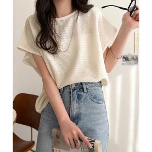 uvカット tシャツ 半袖 風通しよく、暑い日も過ごしやすい。レーシージャガード フレンチスリーブ ドルマントップス レディース