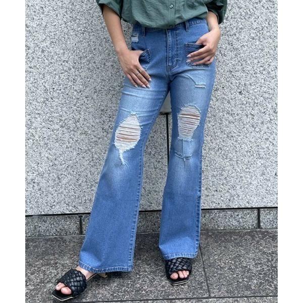 パンツ 「美脚×ストレッチ」レディース ダメージ フレアデニムパンツ 体型カバー オールシーズン レ...