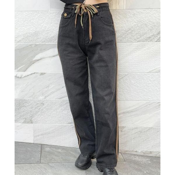 ジーンズ デニム デニムパンツ 「ロングリボン×配色ライン」レディース デニムパンツ ゆったりストレ...