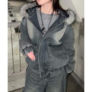 コート ジャケット フェイクファーフードグリッターデニムブルゾン メンズ レディース
