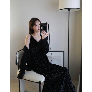 ワンピース フラワーエンボスベルベットキャミドレス / ブラック