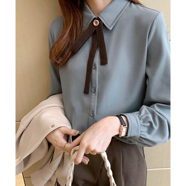 ブラウス シャツ ステッチ入りリボンタイブラウス レディース