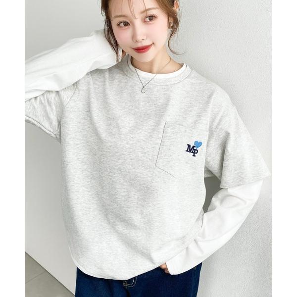 tシャツ レイヤードライク配色ポケット刺繍ロンT レディース