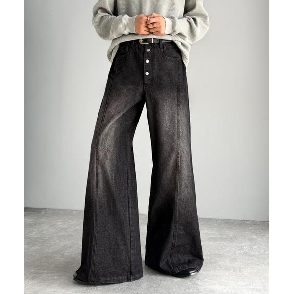 ジーンズ 「JaVaジャバコラボ」ヴィンテージ加工 ライン切り替え フライボタン フレアデニムパンツ...