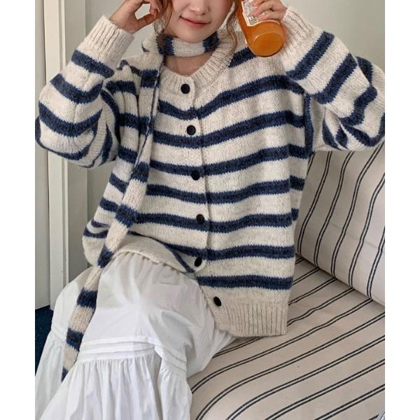 カーディガン Scarf + border Knit Cardigan レディース