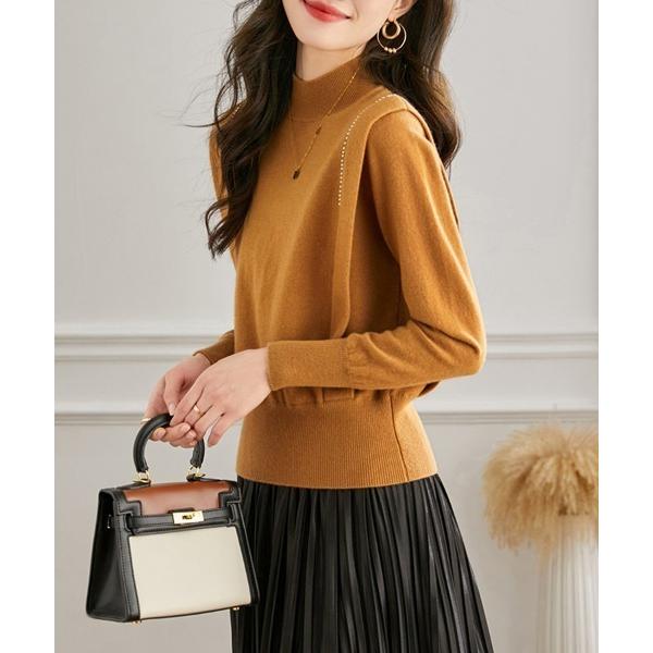 ニット セーター ビジュー付きハイネックニット レディース