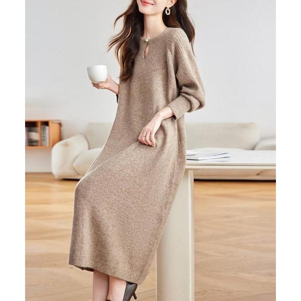 ワンピース リブ編みニットワンピース