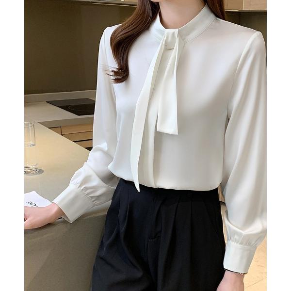 ブラウス シャツ リボンタイハイネックブラウス レディース