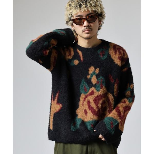 ニット セーター フェザーヤーンフラワー柄クルーニット レディース メンズ