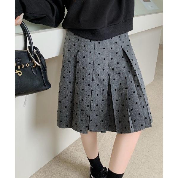 スカート 「26年春夏新作」ヴィンテージドット柄シンプルプリーツミディスカート（インナー付き）「韓国...