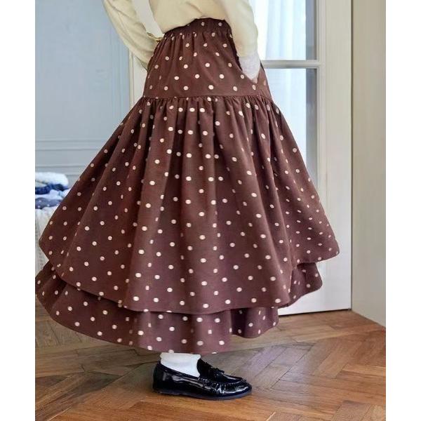 スカート ドット柄ティアードロングスカート