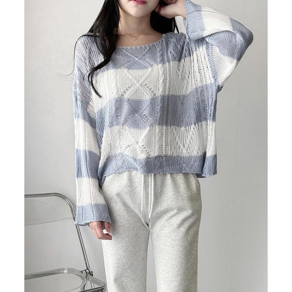 ニット セーター 抜け感をつくるざっくり編みデザイン ワイドボーダールーズニットトップス レディース