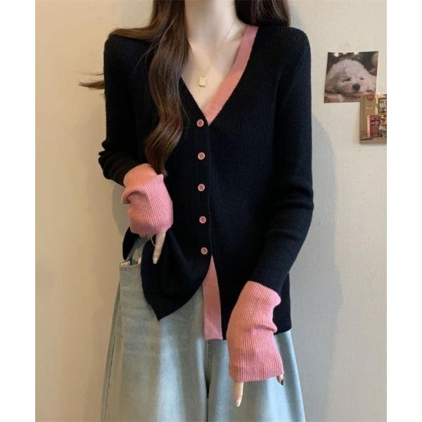 カーディガン 上品なバイカラー切替ニットカーディガン レディース