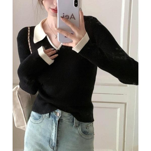 ニット セーター オフィスカジュアルにもぴったり、品よく可愛いバイカラー切替ニット レディース