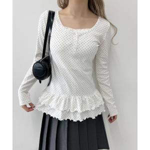 tシャツ ヘムフリルドットヘンリーネックトップス レディースの商品画像