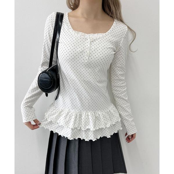 tシャツ ヘムフリルドットヘンリーネックトップス レディース
