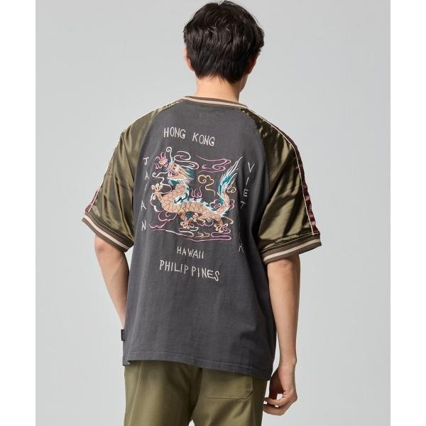 tシャツ ヴィンテージライク スーベニア龍刺繍スカTEE / 異素材サテン切替 ビッグシルエット メ...