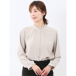 ブラウス シャツ 「ストレッチ イージーケア UVカット」バンドカラーフリル 長袖ブラウス レディース