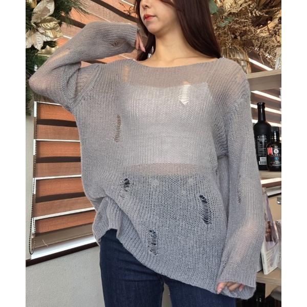 ニット セーター ダメージ加工 透かし編み ざっくりニットトップス レディース