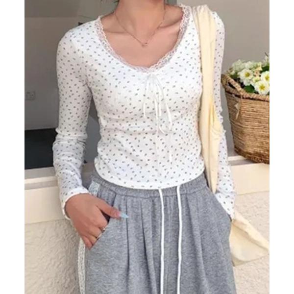 tシャツ カップ付き リボンレース 小花モチーフVネック ロングスリーブ レディース