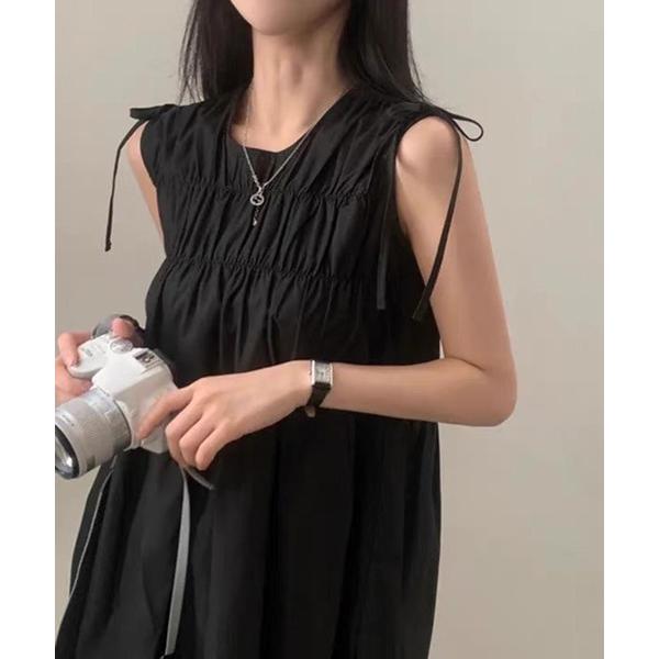 ワンピース リボン付き ギャザーデザイン Aラインワンピース