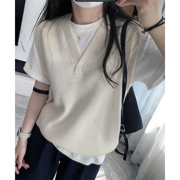 ベスト ジレ Vネック ニットベスト / 韓国レイヤード風 シンプル 無地 レディース