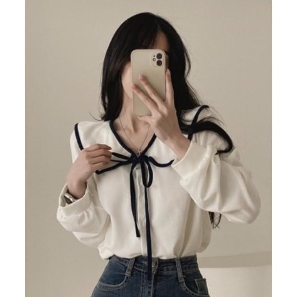 ブラウス シャツ 「春夏新作」配色トリミングデカ襟ブラウス レディース