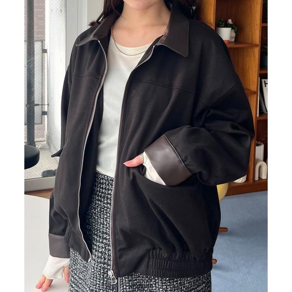 コート アウター フェイクレザーカラーメルトンタッチブルゾン レディース
