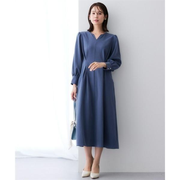 ワンピース シャンブレーパフスリーブタックワンピース「大きいサイズ有」