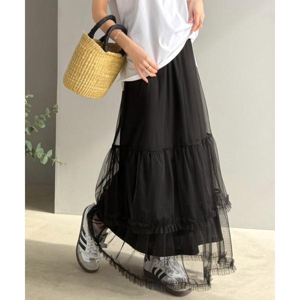 スカート 甘すぎない大人のバランス。シンプル合わせでも映える。フリルティアードチュールスカート（ロン...