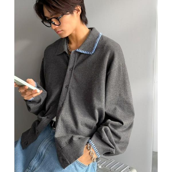 シャツ 「JaVaジャバコラボ」さりげない配色で着こなしに差を。綿混ステッチ配色ショート丈ニットシャ...