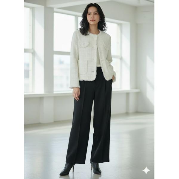 ジャケット ノーカラージャケット ニットフリンジ ノーカラージャケット / アイボリー・ブラック レ...