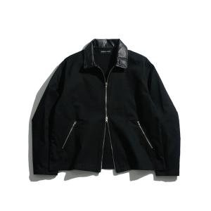 ブルゾン アウター double zip collar PUleather short length twill/denim blouson /ダブル