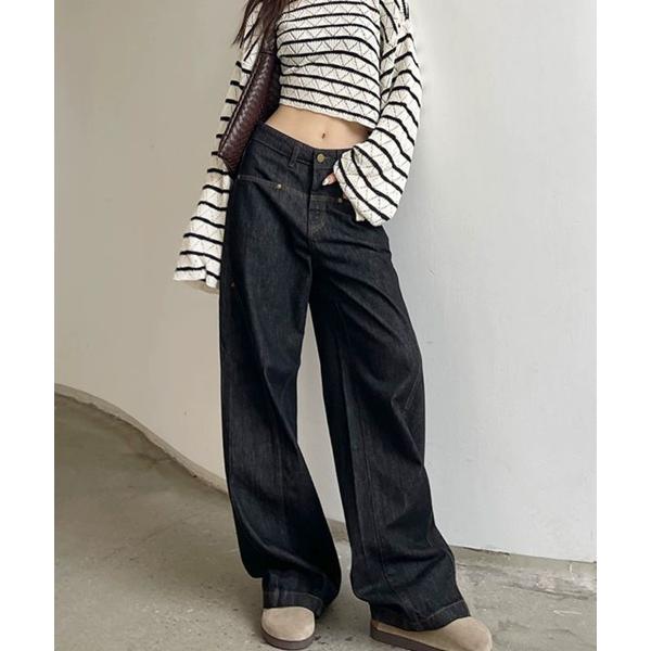 ジーンズ デニム デニムパンツ ローウエストワイドステッチデニムパンツ レディース