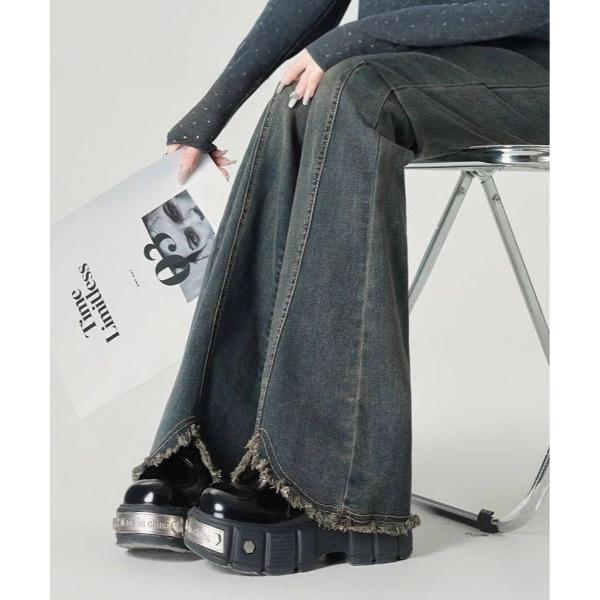 ジーンズ デニム デニムパンツ 裾フリンジフレアデニムパンツ 美脚効果 レディース